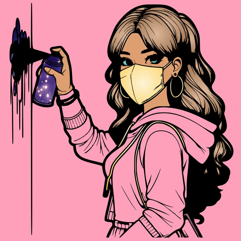 realistic girl with mask spray painting a wall