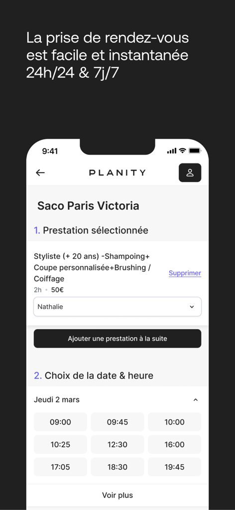 Planity app screen for selecting beauty services and booking time slots