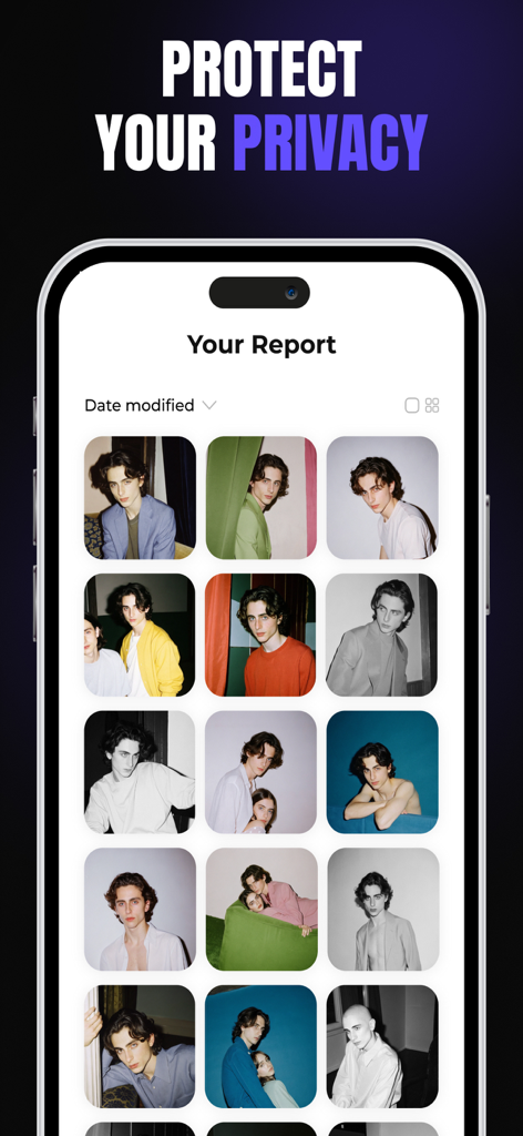 Reverse Image and Photo Search - Una pantalla móvil que muestra la función de protección de privacidad con un informe de imágenes de reconocimiento facial coincidentes