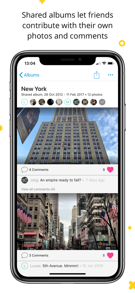 Geteiltes Fotoalbum in der Capture App mit Fotos von New York City mit Likes und Kommentaren von Freunden