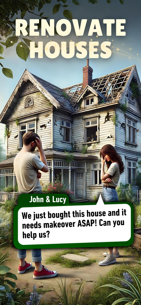 Real Estate Tycoon: Simulator - Una pareja de pie frente a una casa en ruinas solicitando una renovación en el juego.