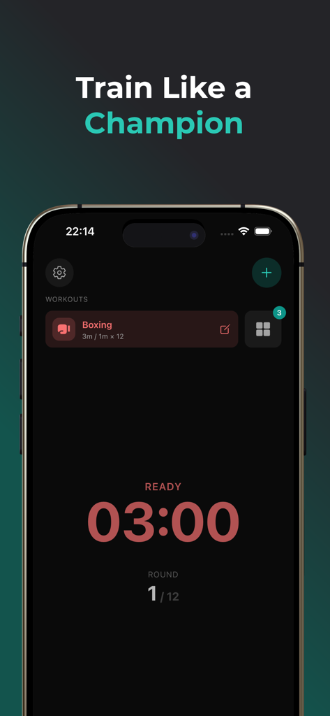 Uno smartphone che visualizza l'app Boxing Timer con un conto alla rovescia di tre minuti e un tracker di round in modalità scura