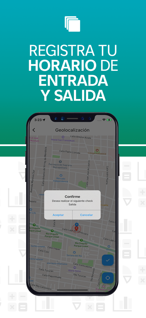 Pantalla de registro de salida con geolocalización de Facture App Nómina para el seguimiento de asistencia del empleado
