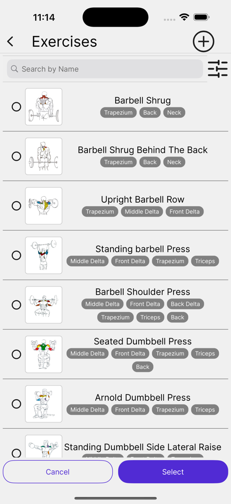 Workouts - TrainingDay - Workouts TrainingDay app screen showing a list of strength training exercises with muscle group diagrams and tags