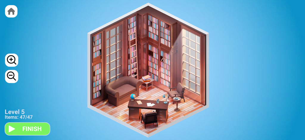 Interior Designer - Decor Life - インテリアデザイナー デコライフモバイルゲームのクラシックな木製パネル張りのライブラリとオフィスデザインのアイソメトリックビュー