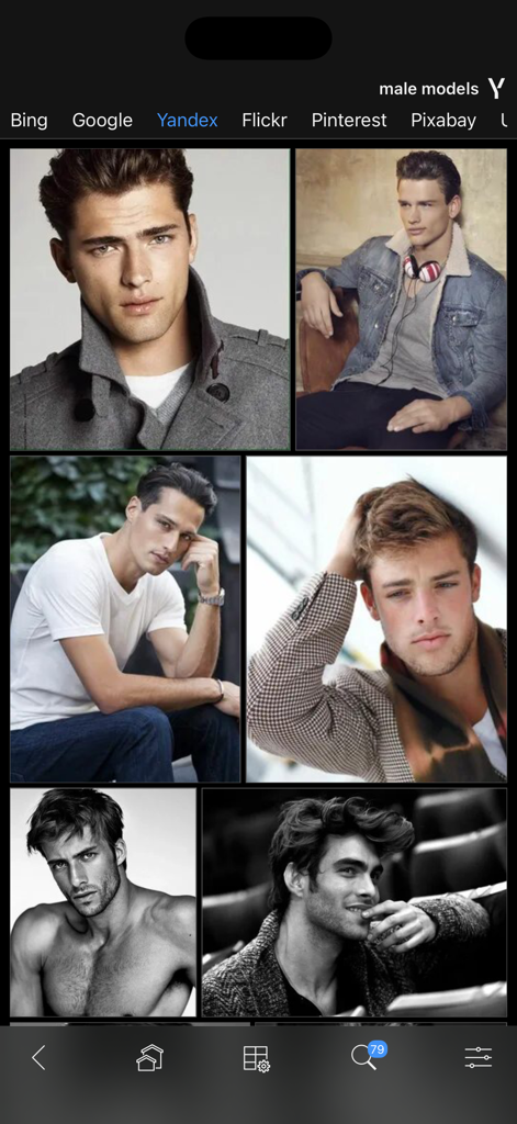 das Image Search and Explore - Search results for male models in a grid layout from the das Image Search app