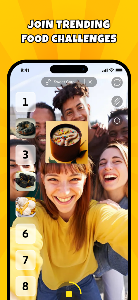 Food Challenge: Funny Filter - Group of friends using a trending food ranking filter on a mobile app