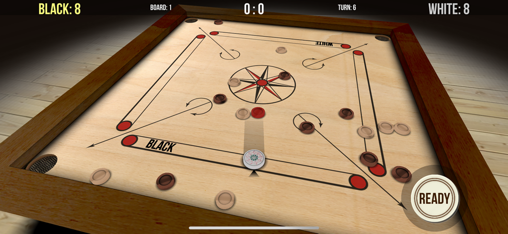 A realistic 3D carrom board game interface showing pieces and striker on a wooden surface