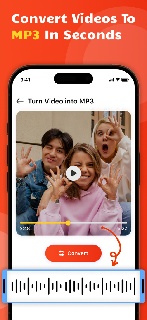 Video Downloader & Saver - Mobile app screen showing a video to MP3 conversion feature with a video preview and audio waveform.