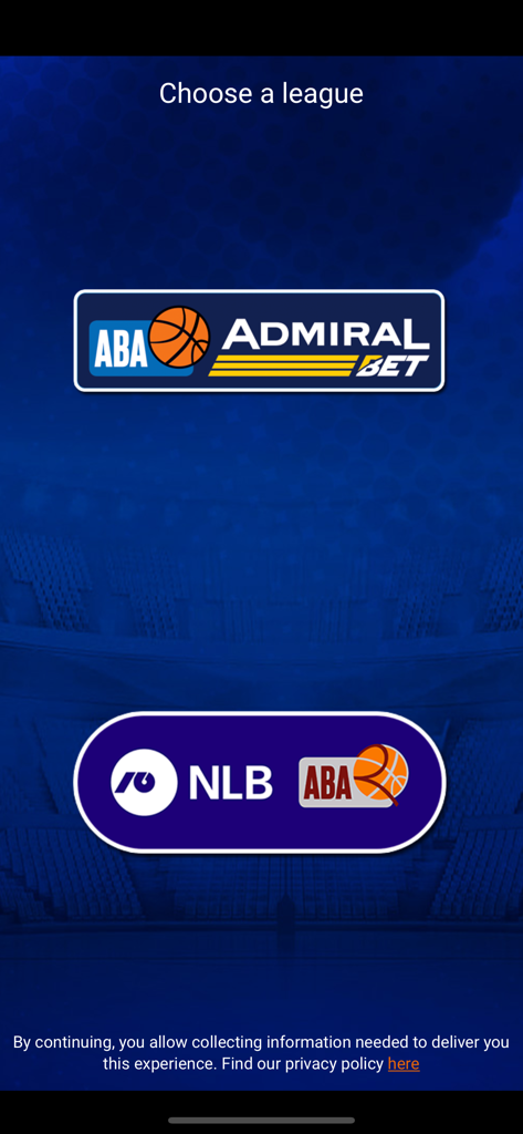ABA League - Admiral BetリーグとNLB ABA 2リーグを選択するABAリーグアプリの画面。