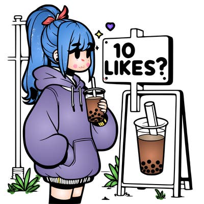girl with oversized hoodie drinking boba and she has a high ponytail with a sign that says 10likes?
