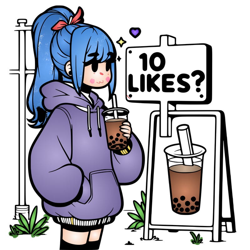 girl with oversized hoodie drinking boba and she has a high ponytail with a sign that says 10likes?