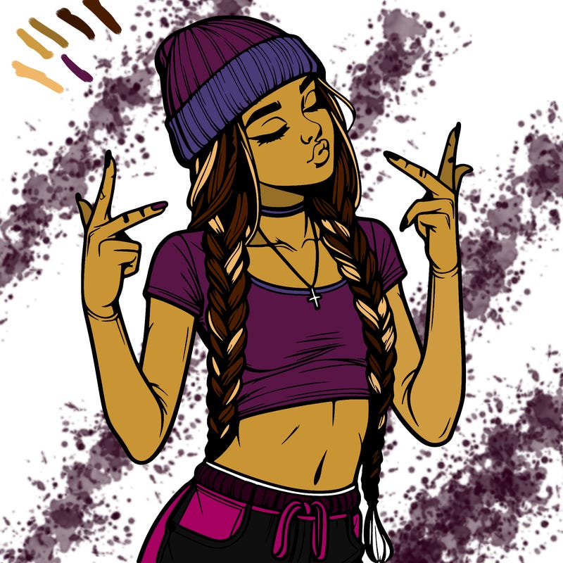 realistic teenage girl with braids and a beanie and crop top doing 🫶🏼