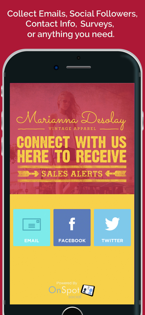 OnSpot Socialアプリのインターフェース。小売業向けのリードキャプチャとソーシャルメディアフォローオプションが表示されています。