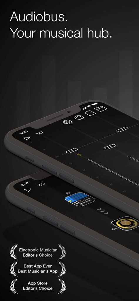 Audiobus: Mixer for Music Apps - Audiobus music mixer app interface on iPhone featuring industry awards and its musical hub tagline