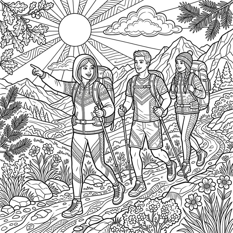 Gear up for a thrilling outdoor journey with this dynamic coloring page featuring hikers in stylish activewear. Immerse yourself in a vibrant summer landscape filled with intricate details and natural beauty.