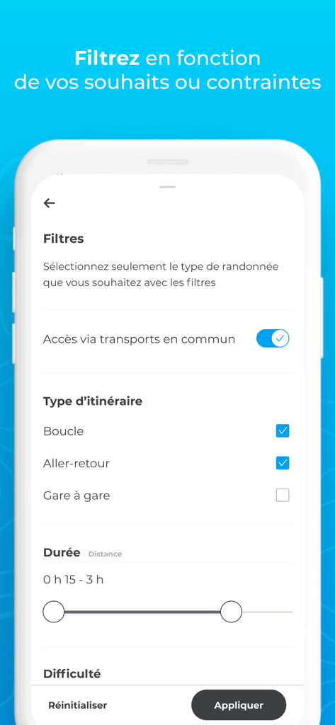 Helloways - GPS de randonnée - Interfaz de la aplicación Helloways que muestra filtros de búsqueda de senderismo para acceso en transporte público y duración de la ruta