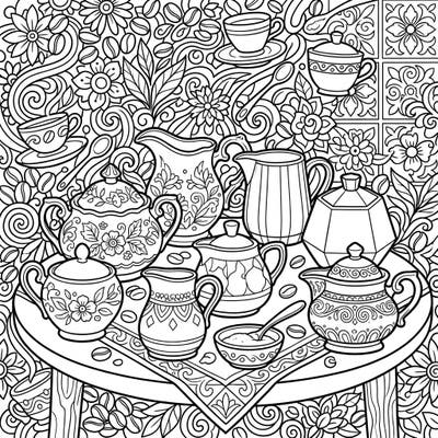 Discover an exquisite collection of sugar bowls and creamers ready for your artistic touch. This intricate coloring page features beautifully detailed serving pieces amidst a charming coffee-themed backdrop, perfect for a relaxing creative escape.