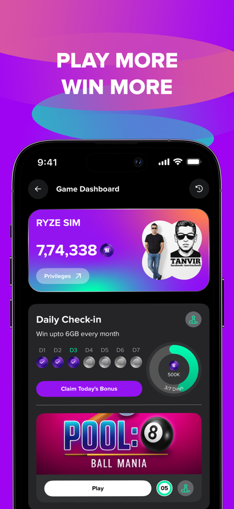 RYZE Bangladesh - 毎日の報酬とモバイルゲームをフィーチャーしたRYZE Bangladeshアプリのゲームダッシュボード。