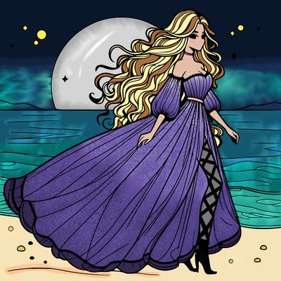 beautiful woman with a vaporous long dress walking on the beach at the noon, detailed art