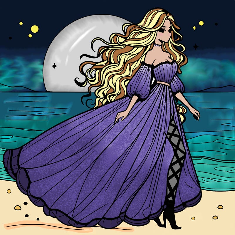 beautiful woman with a vaporous long dress walking on the beach at the noon, detailed art