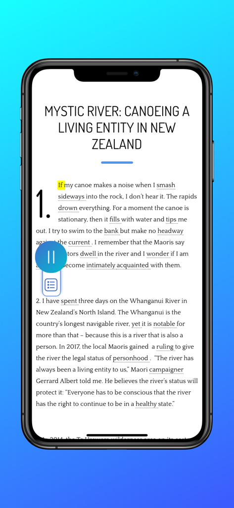 Screenshot of Vocable app showing an English news article with vocabulary highlights and audio sync feature