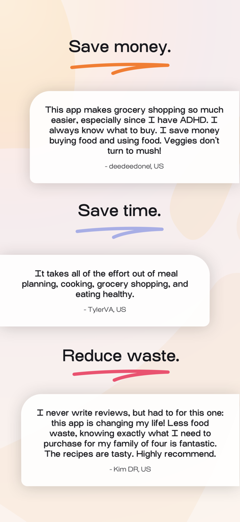 MealPrepPro user reviews highlighting benefits such as saving money, saving time, and reducing food waste.