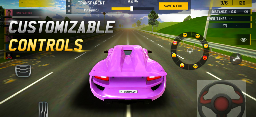 MR RACER - MR RACER mobile game screenshot showing customizable steering wheel and pedal controls for a pink supercar