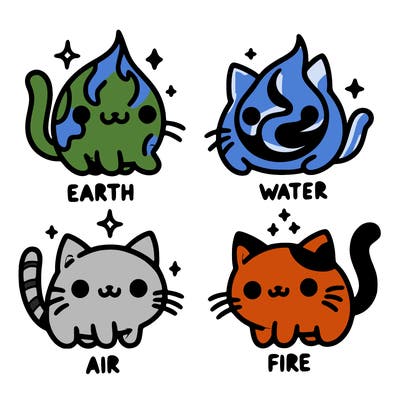 4 cats that represent the different elements, earth, water, air, and fire
