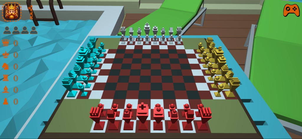CHESS MATES ™ - Ein 4-Spieler-Schachspiel auf einem 3D-Brett mit bunten Figuren und einem Pool-Hintergrund