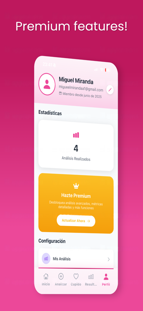 Pantalla de perfil de usuario de la aplicación CoupleAI mostrando detalles de la cuenta y estadísticas de funciones premium.
