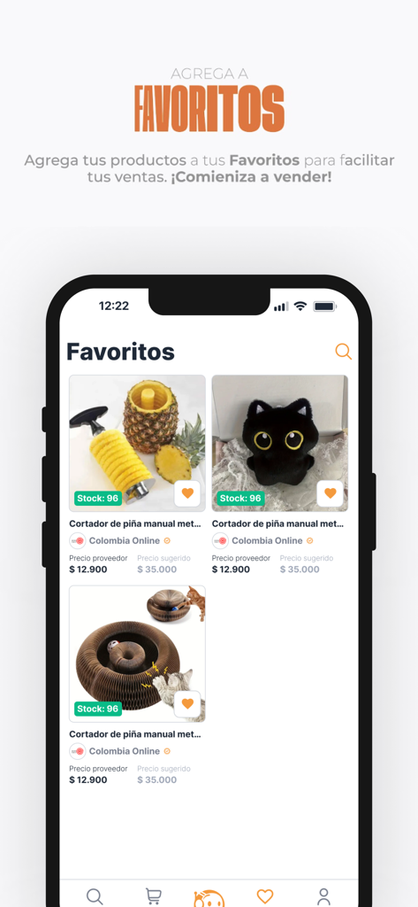 Dropi App - Dropiアプリのお気に入り画面。ドロップシッピング向けの勝てる商品が表示されています。