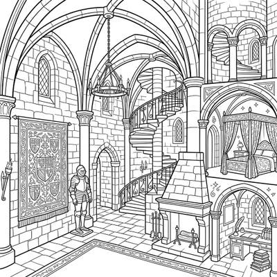 Journey back in time with this intricate coloring page depicting the majestic interiors of a medieval castle. Immerse yourself in the grandeur of vaulted ceilings, spiral staircases, and hidden chambers as you bring this historic scene to life with your colors.