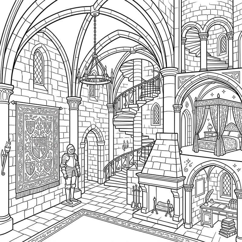 Journey back in time with this intricate coloring page depicting the majestic interiors of a medieval castle. Immerse yourself in the grandeur of vaulted ceilings, spiral staircases, and hidden chambers as you bring this historic scene to life with your colors.