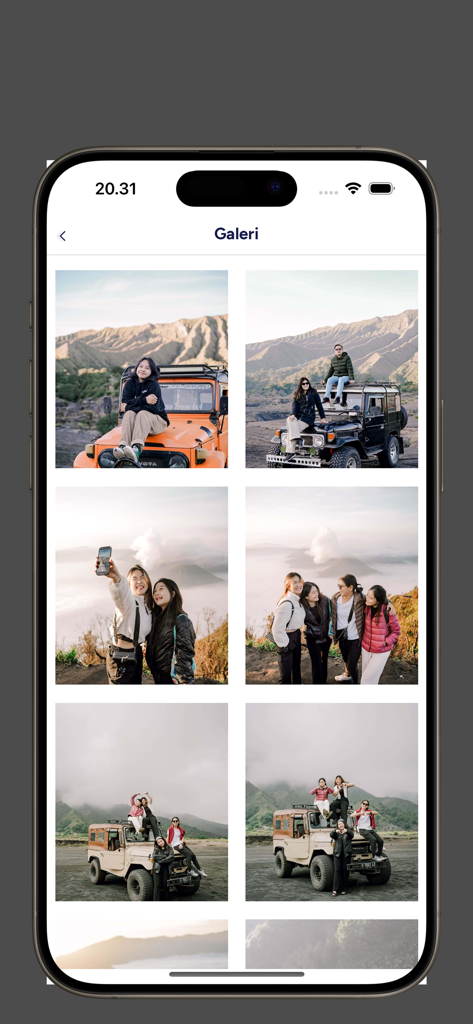 Gallery view of the Exotic Bromo app showing professional photos of travelers and jeeps in the Indonesian mountains