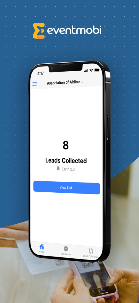 Lead Capture by EventMobi - Pantalla del panel de control de Captura de Leads de EventMobi que muestra ocho leads recopilados y un botón para ver la lista