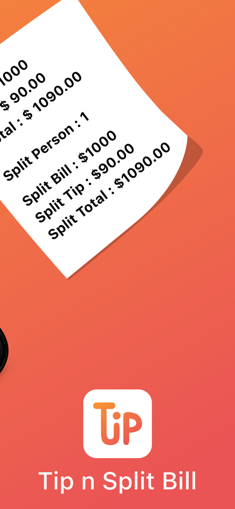 チップ計算機＆割り勘アプリのモバイル画面。チップと請求書分割の計算済みレシートが表示されています。