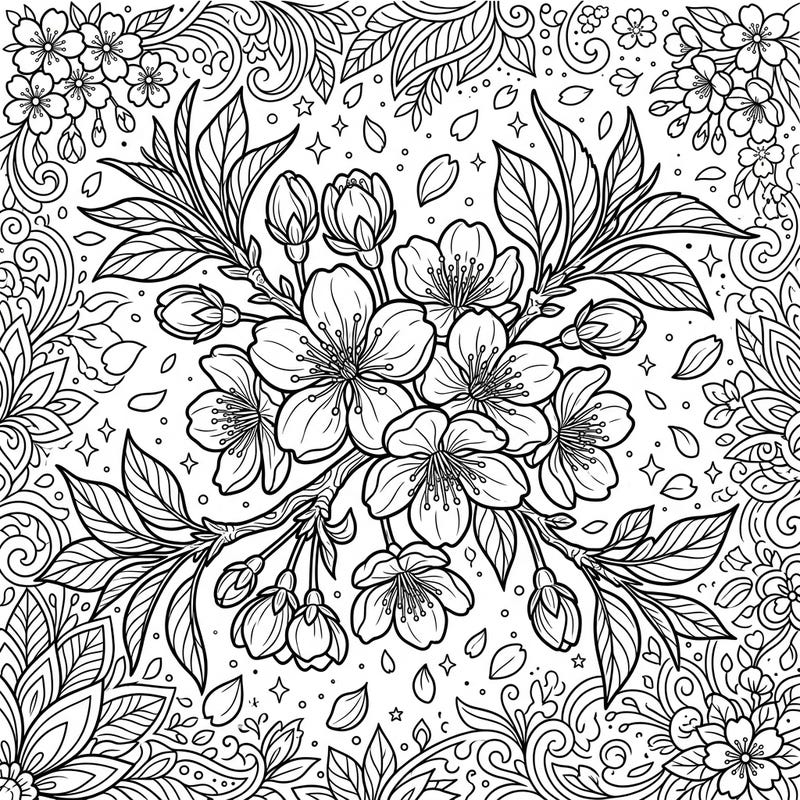 Capture the essence of spring with this exquisite cherry blossom flower coloring page, featuring a detailed cluster of delicate blooms and buds. Explore intricate floral patterns and scattered petals, perfect for a relaxing and creative coloring experience.
