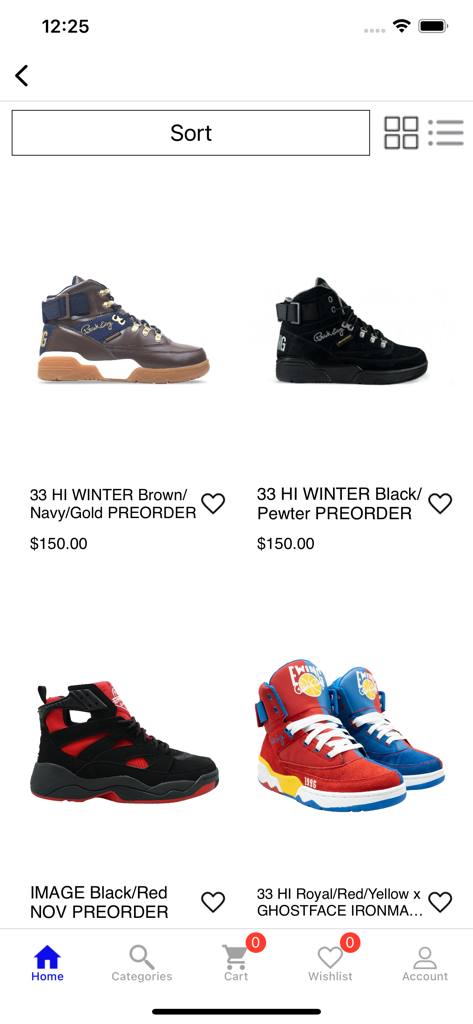 Catalogo prodotti dell'app Ewing Athletics che mostra varie sneaker alte, comprese edizioni invernali e collaborazioni speciali