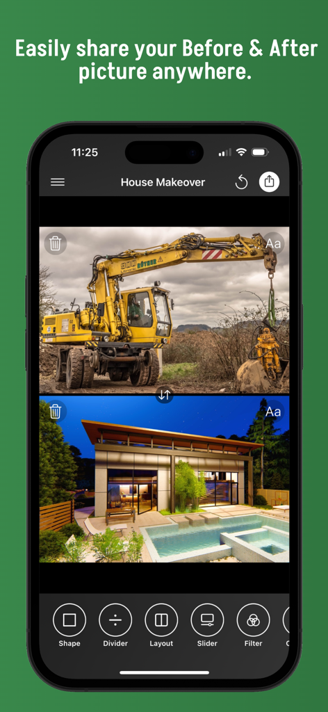 Mobile app interface displaying a vertical before and after comparison of a house construction site and a finished modern home with a swimming pool