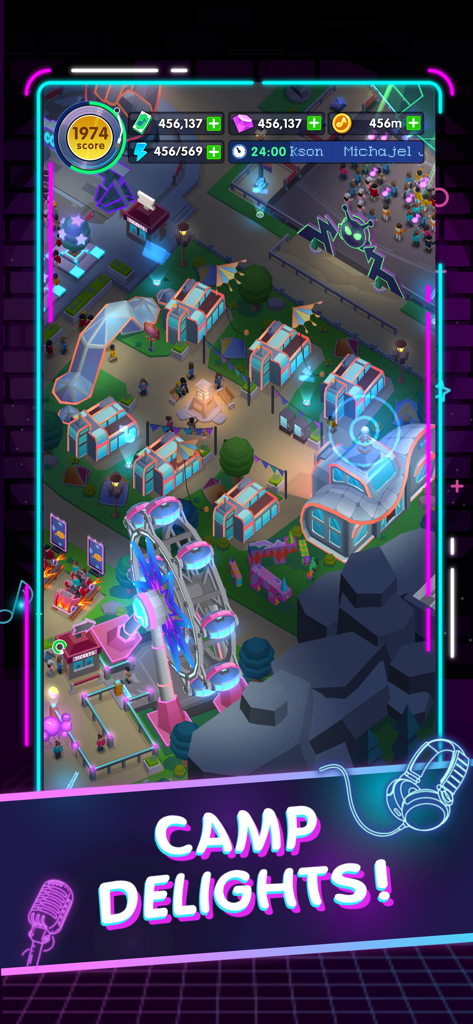 Idle Music Star Tycoon Games - A top down view of a vibrant 3D music festival park with a ferris wheel and neon decorations