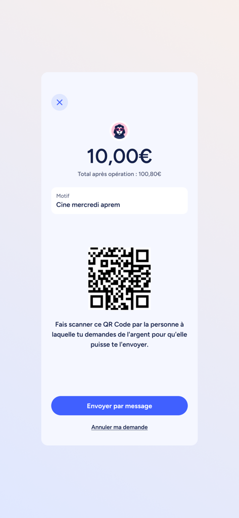 Écran de demande d'argent dans l'application Mouv by LCL avec un code QR pour une transaction de dix euros