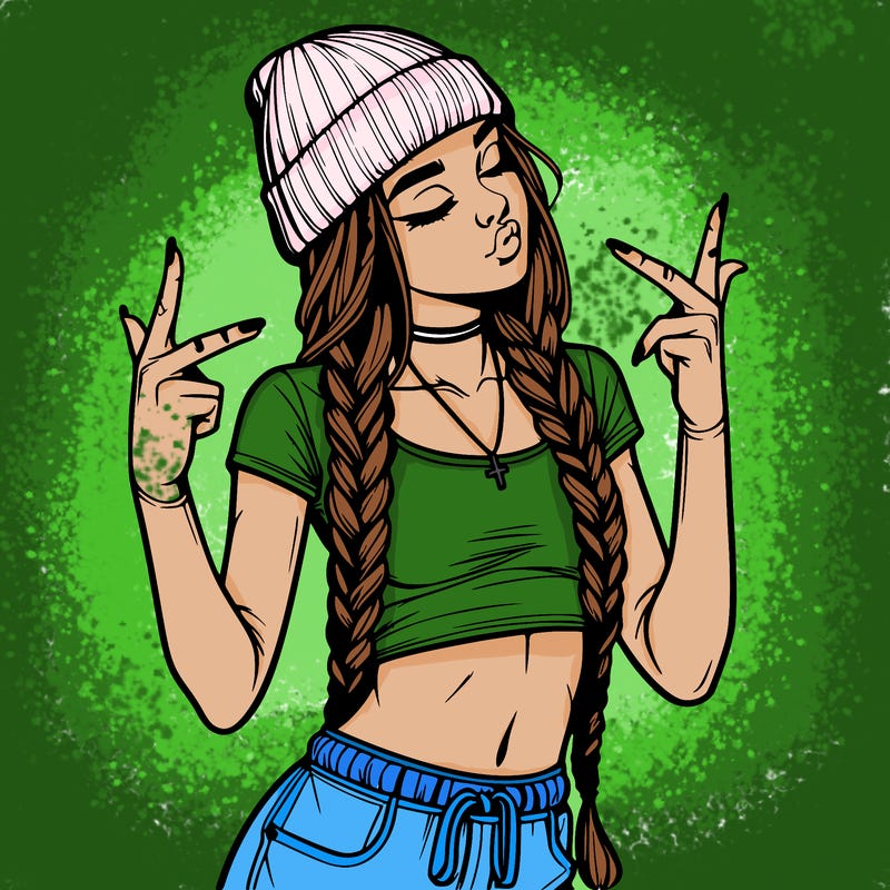 realistic teenage girl with braids and a beanie and crop top doing 🫶🏼