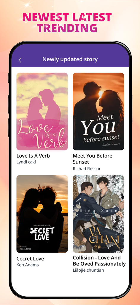Novel Full -  Read Romance Fic - Una interfaz de aplicación móvil que muestra una colección de novelas románticas de tendencia con portadas de historias como Love Is A Verb y Meet You Before Sunset.