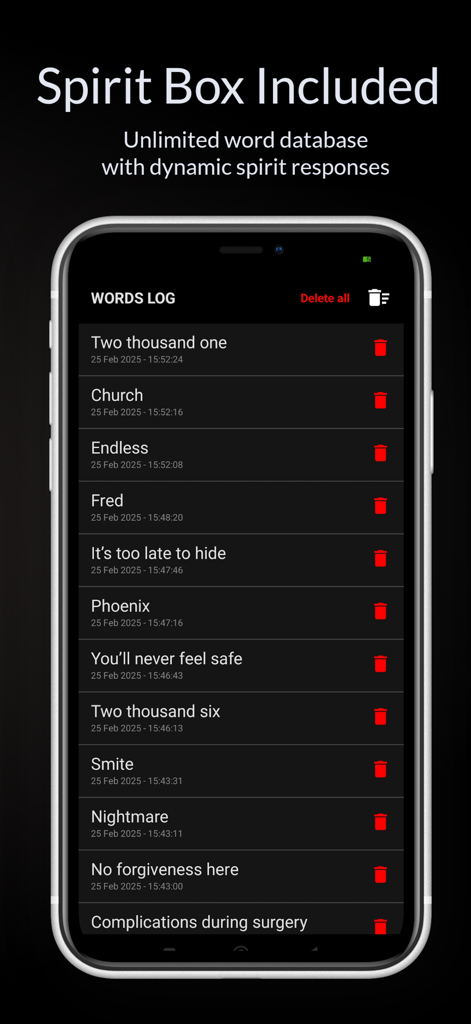 Spirit Box: Ghost SLS - Una pantalla de smartphone que muestra un registro de palabras de la aplicación Spirit Box Ghost SLS con una lista de frases paranormales detectadas y marcas de tiempo