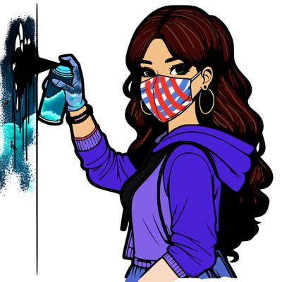 realistic girl with mask spray painting a wall