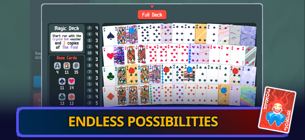 Balatro - Gameplay screenshot of Balatro showing a diverse card deck and magic deck bonuses