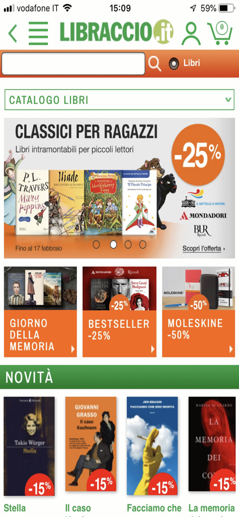 Libraccio - Pantalla de inicio de la aplicación Libraccio con colecciones de libros y descuentos promocionales