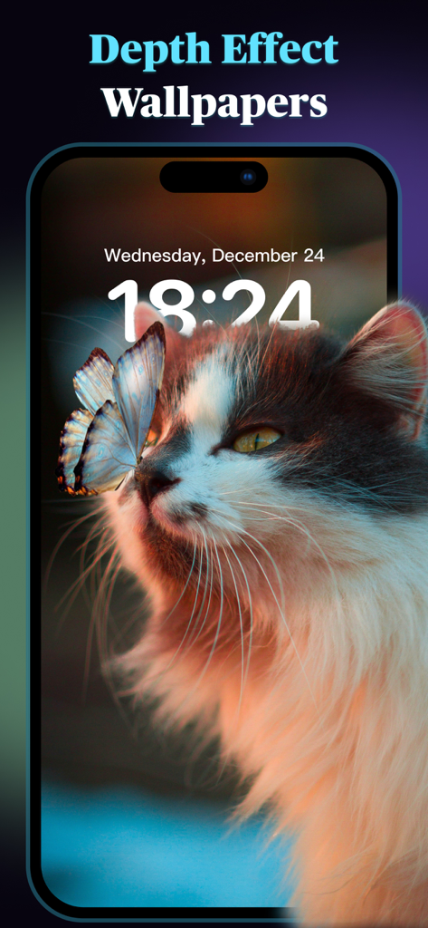 Themes: Widget,Wallpaper,Icon - Pantalla de bloqueo de iPhone que muestra un fondo de pantalla con efecto de profundidad con un gato y una mariposa