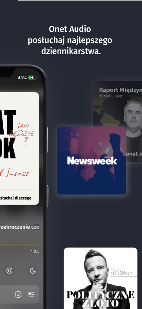 Onet Audio mobile app showcasing Polish language news and journalism podcasts